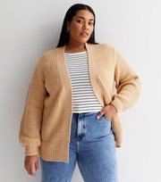 New Look Curves Camel Knit Long Puff Sleeve Cardigan